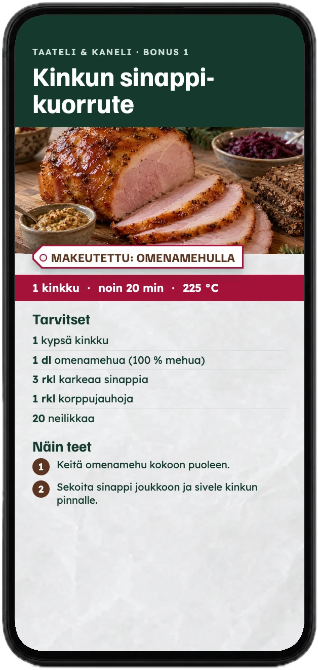 Bonuksen resepti kinkun sinappikuorrutteesta puhelimen näytöllä